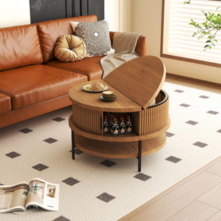 Flip-Top Round Coffee Table With Storage - Brown