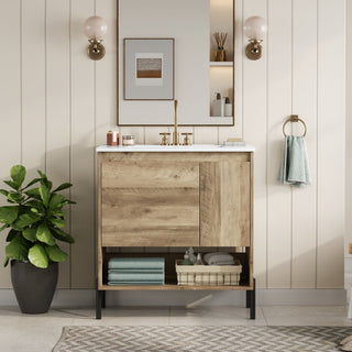 Bathroom Vanity Cabinet With Sink, Sliding Drawer, Soft Closing Door, Open Shelf - Natural Wood