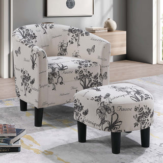 Accent Chair With Matching Ottoman Upholstered Round Backrest, Seating Set - Off White / White