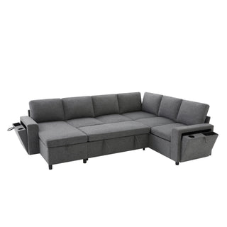 U - Shaped Convertible Sectional Sofa Bed With Storage, USB Charger & Cup Holders