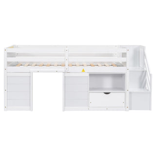 Low Loft Bed With Stair, Drawer, And Shelf