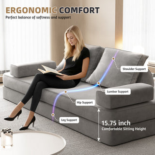 Multifunctional Convertible Sofa Bed With 2 Tumbler Backrests And 2 Pillows, Deep Seat Couch