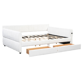 Queen Upholstered Platform Bed With USB Charging And 2 Storage Drawers - White