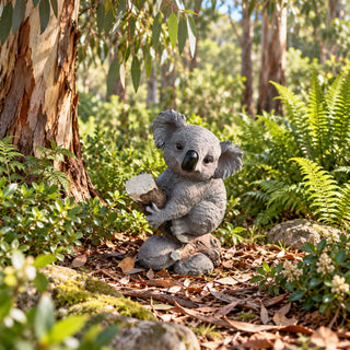Koala Garden Statue Hand Painted Animal Sculpture With Log For Patio Home Decor - Dark Gray