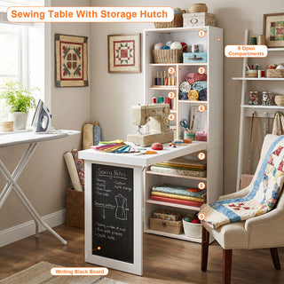 Folding Desk With Storage, Foldable Convertible Writing Table With Blackboard And Shelves For Home Office