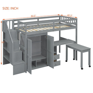 Loft Bed With Stairs, Bookshelf, Drawers, Desk & Wardrobe, Space Saving Multifunctional Furniture