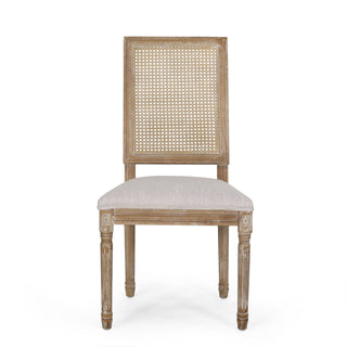 French Country Dining Chair With Rectangular Cane Backrest And Smooth Upholstered Seating