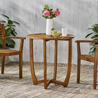 Outdoor Circular Wood Bistro Table With Curved Legs And Slat Panel Table Top - Teak