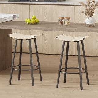 Counter Height Bar Stools Backless Handwoven Kitchen Dining Chairs With Round Footrest (Set of 2) Weaving Pub Stoo - Creamy White