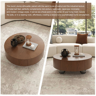 Drum Shaped Coffee Table With Hidden Storage Drawer, Low Profile For Living Room - Walnut