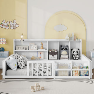 Platform Bed Frame With Guardrail, Storage Shelves & Bookshelf