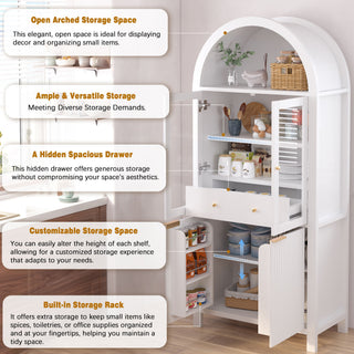 Fluted Tall Arched Pantry Cabinet With Adjustable Shelves, Glass Door & Hidden Drawer For Kitchen