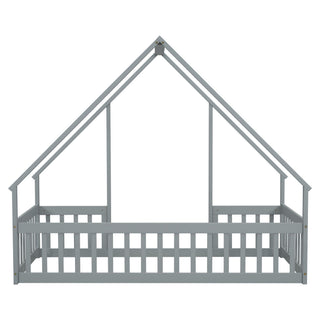 Wood House-Shaped Floor Bed With Fence, Guardrails