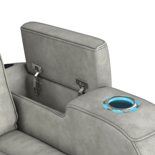 Prime Time - P3 Sofa With Ddt, 3.0 Table, 7 Colors (Led And Cup Holders), Reading Light, Vibration, Speaker, And Heat Massage - Leather Gel Light Gray
