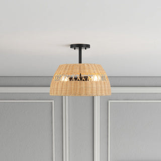 Twinkle - Double Lights Semi Flush With Shade - Black / Rattan