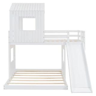 Loft Bunk Bed With Playhouse, Farmhouse, Ladder, Slide And Guardrails