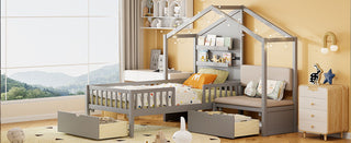 House Bed With Upholstered Sofa, Wireless Charging Station, Shelves And 2 Drawers