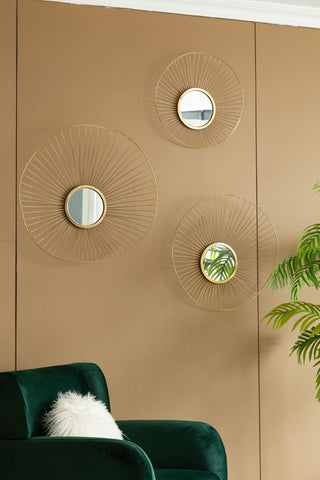 Wall Mirror Abstract Designed Wall Mirrors WithFrame For Home & Office, Top Of Sideboard (Set of 3) - Gold