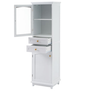 Tall Bathroom Storage Cabinet With Glass Doors, Free-Standing, Two Drawers, And Adjustable Shelves, Board, Painted Perfect For Displaying Your Favorite Items