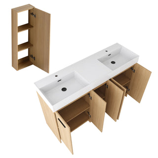 Double Sink Bathroom Vanity Set With Tall Linen Cabinet, Extra Large Storage, Integrated Sink, Freestanding Cabinet - Light Oak / White