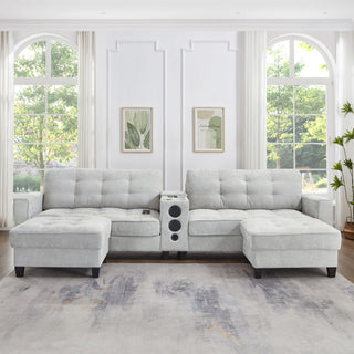 Modern Sectional Sofa U-Shaped With Movable Ottomans, tooth Speakers, LED Lights And Modular Storage