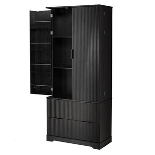 Fluted Kitchen Pantry Cabinet With 2 Large Drawers & 8 Door Spice Rack