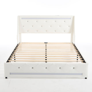 Wingback Upholstered Bed Frame With LED Lights, Charging Station