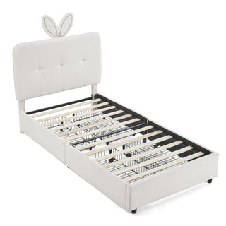 Upholstered Bed With Oversized Rabbit Ear Headboard, LED Lights & 4 Storage Drawers