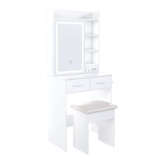 Space Saving Makeup Vanity Desk With Mirror & Adjustable Led Lights, Built-In Power Outlet, Hidden Storage, Includes Stool & Shelf - White