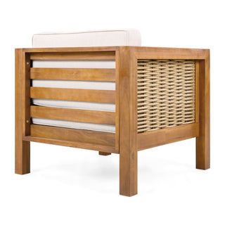 Outdoor Club Chair With Rope Arm And Cushions - Beige / Teak