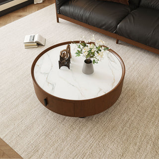 Round Coffee Table With Ball Feet, Pull Handle Storage Drawer - Bouguer Walnut / Brown
