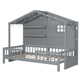 House Bed With Shelves, Window And Sparkling Light Strip On The Roof