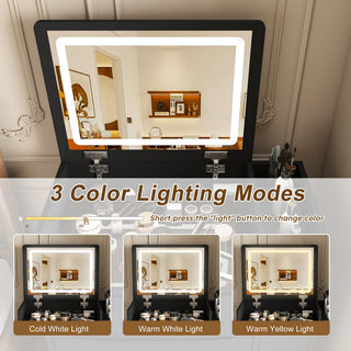 Flip Mirror Vanity Desk With Adjustable LED Lights & Stool For Bedroom