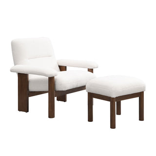 Modern Accent Chair With Ottoman, Mid Century Lounge Chair With Footrest, Comfy Fabric Armchair Upholstered Set With Solid Wood Frame For Living Room - White