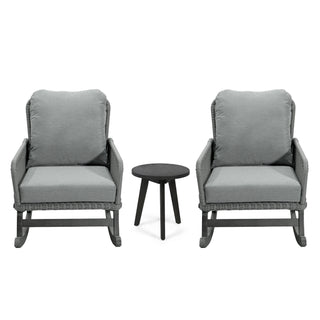 Modern 3 Piece Outdoor Seating Set With Cushioned Rattan Rocking Chairs And Wooden Accent Table