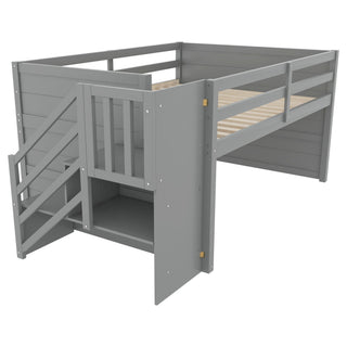 Low Loft Bed Frame With Built In Stairs, Storage Drawer, Shelf And 7 Color LED Light
