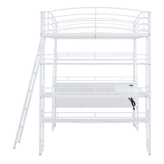 Loft Bed With 4 Layers Of Shelves And L-Shaped Desk, Stylish Metal Frame Bed With A Set Of Sockets, USB Ports And And Wireless Charging