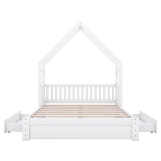 House Style Platform Bed With Guardrail And 2 Drawers