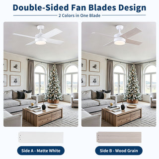 Ceiling Fan With Remote Control, Reversible DC Motor, 6 Speeds, 3 Dimmable LED, Quiet Timer For Indoor - White