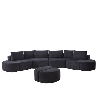Modular Sectional Sofa With 6 Pillows And 4 Curved Footstools For Living Rooms - Black