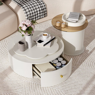 Modern Round Coffee Table (Set of 2), 360 Degree Rotatable Flower Shaped Top With 2 Drawers, Top Circle Side Table End Table With Glass For Living Room - Off White