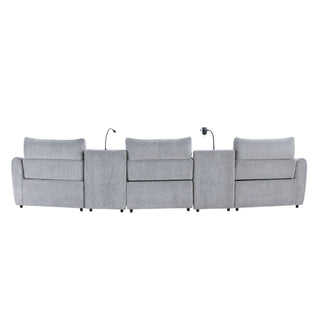 Fullar - Modular Power Motion Sectional Sofa With Console, 2 Wireless Chargers, 4 Cupholders, And 2 Speakers, 1 Phone Holder And 1 Reading Light, Adjustable Headrest - Light Gray