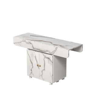 Versatile Marble Folding Dining Table With Storage Rack And Cabinet, 6 Wheels - White