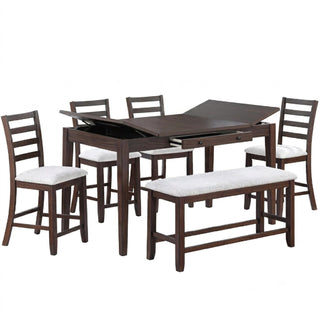 6 Piece Counter Height Dining Set Table With Storage Ladder Back Chairs And Bench - Walnut