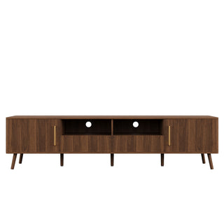 78" TV Stand For 85" TVs With Fluted Doors, Open Shelf, Cable Management - Walnut