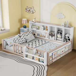 Platform Bed Frame With Guardrail, Storage Shelves & Bookshelf