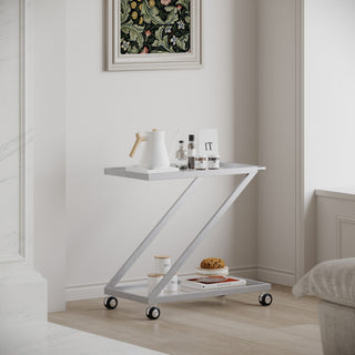 Modern Z Shaped Bar Cart With Tempered Glass Shelves - Silver