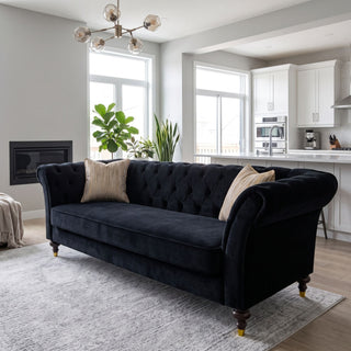 3 Seater Button Tufted Sofa With Rolled Arms, Living Room Couch With 2 Pillows - Black