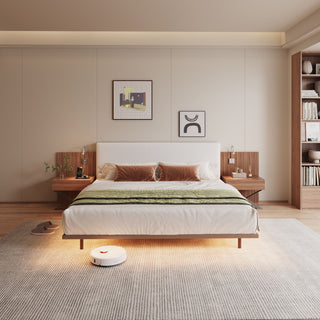 Floating King Size Bed With Integrated Side Tables And Smart Lighting - Beige Gray / White