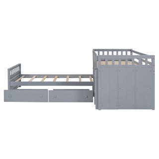 Loft Platform Bed With 7 Drawers And Full Guardrails, Modern L Shaped Space Savin